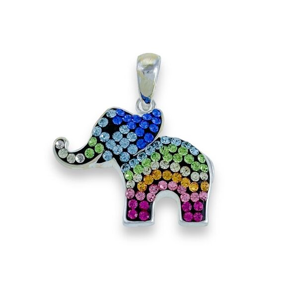 JCM Sterling Silver 925 Pave Multi Color Rainbow Crystal Elephant Pendant - Picture 1 of 3